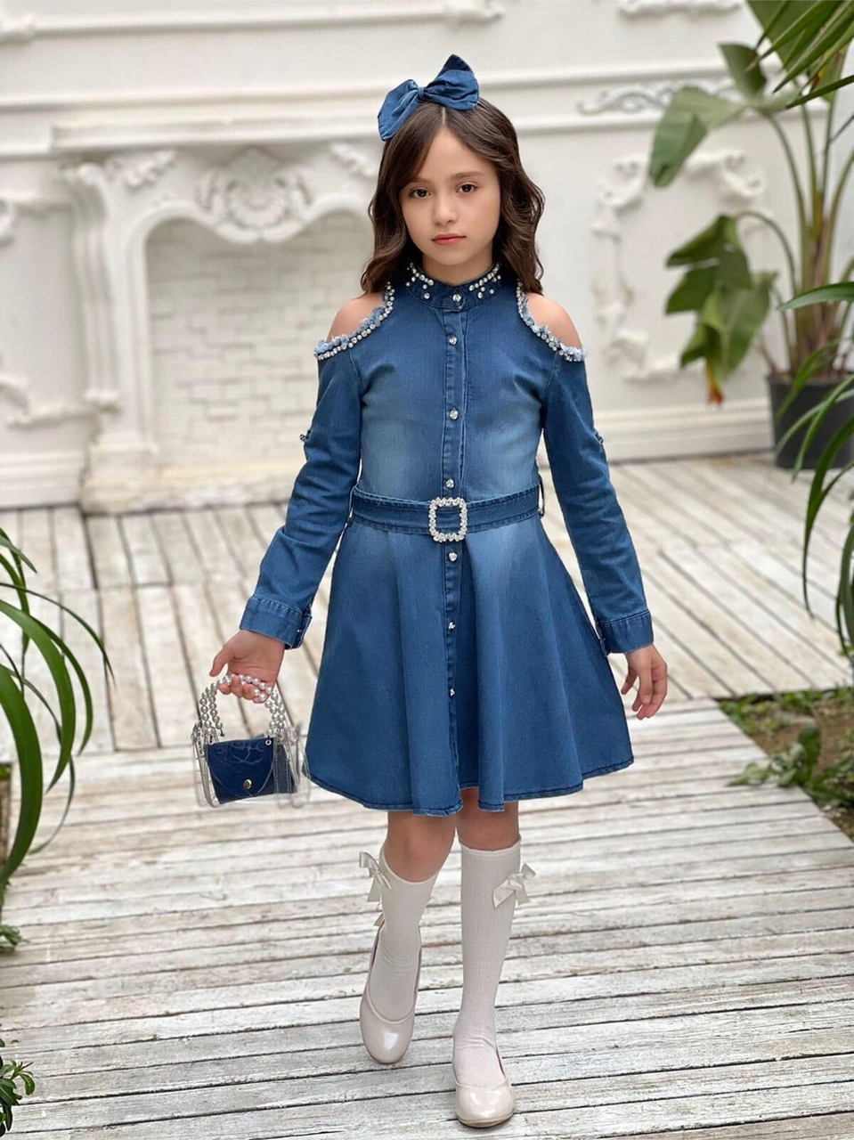 Çocuk Omuz Taşlı Püsküllü Kız Çocuk 5 Parça Kot Elbise Mavi