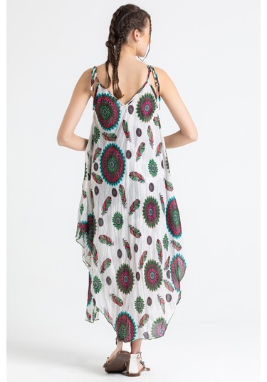 Askılı Vual Afrodit Midi Boy Elbise Yeşil-beyaz 6197 - Kadın Beyaz - Yeşil