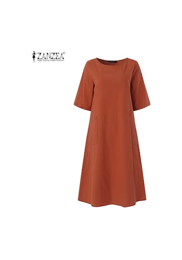 Zanzea Pamuk Keten Elbise Kadın Yaz Rahat O-boyun Yarım Kollu Elbise Haki