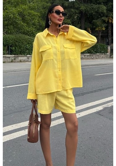 Gömlek Ve Şort Flamlı Keten Takım 10130 Altın