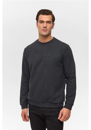 Antrasit Regular Düz Bisiklet Yaka Sweatshirt Antrasit