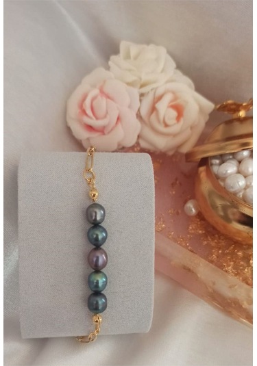 24k Altın Kaplama Gerçek Siyah İnci Kare Zincir Detaylı Tüy Uzatm Gold