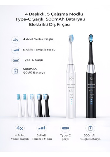 Deanb 500mah Titreşimli Elektrikli Diş Fırçası 5 Modlu 4 Yedek Başlık Siyah