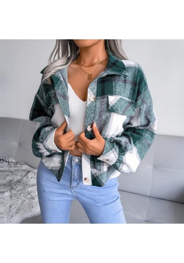 Novahub Kadın Sonbahar Kış Ekose Fener Uzun Kollu Yün Ceket Tek Göğüslü Gevşek Şık Ceket S-xl Yeşil - M Yeşil