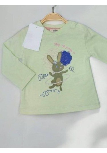 Kız Bebek Tavşan Baskılı Pamuklu İnce Uzun Kollu Bluz-14900 Yeşil