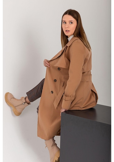 Pastelastore %100 Pamuk Gabardin Uzun 110cm Astarlı Kemerli Kadın Trençkot 1111 Bej