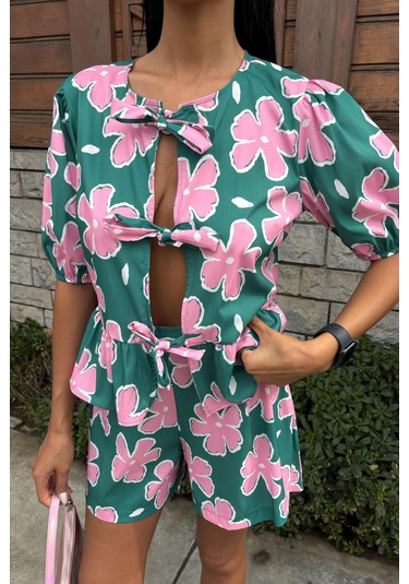Kadın Multi Çiçek Desenli Poplin Kısa Takım Çok Renkli