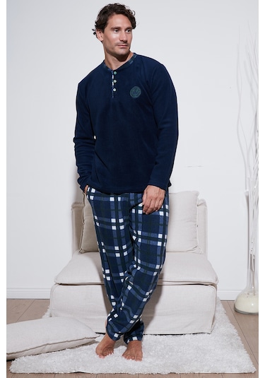 Buratti Regular Fit Bisiklet Yaka Kışlık Yumuşak Dokulu Polar Erkek Pijama Takımı 6096100 Lacivert
