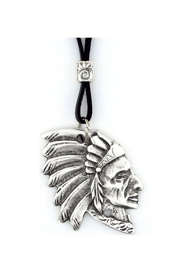 Solfera Kızılderili Şef Ulu Manitu Siyah Deri Metal Erkek Kolye Q0593 Beyaz