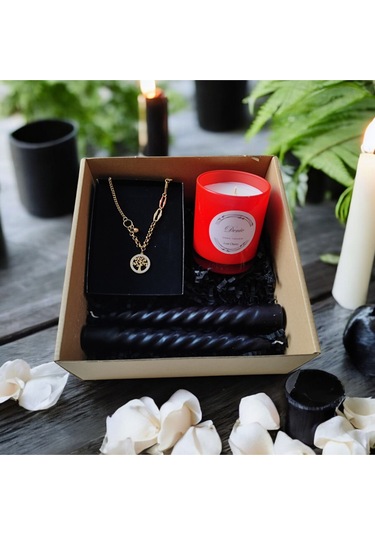 Denic Hediye Seti Kokulu Kırmızı Bardak Mum Yaşam Agacı Kolye Burgulu Mum