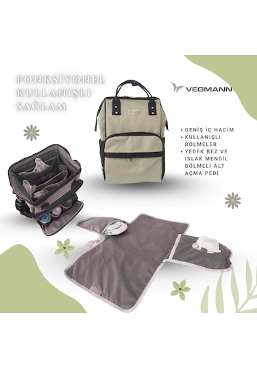 Vegmann Tender Anne Bebek Bakım Sırt Çantası Biberon Termos Gözlü Siyah-gri Siyah-gri Gri - Siyah