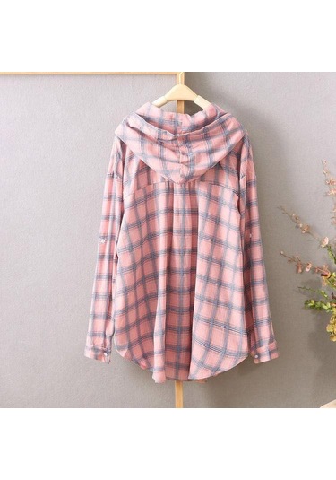 Pembe Güneş Koruyucu Gömlekler Kadın Kapşonlu Ekose Uzun Kollu Bol Üstler İnce Paltolar Hırkalar Pembe Pembe Güneş Koruyucu Gömlekler Kadın Kapşonlu Ekose Uzun Kollu Bol Üstler İnce Paltolar Hırkalar Pembe
