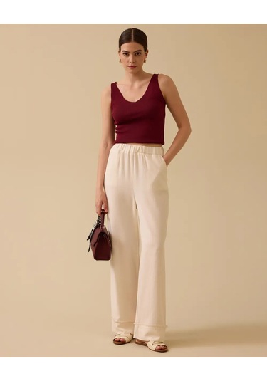 Scl Minimalist Oversize Kadın Pantolon - Geniş Paça Midi Bej