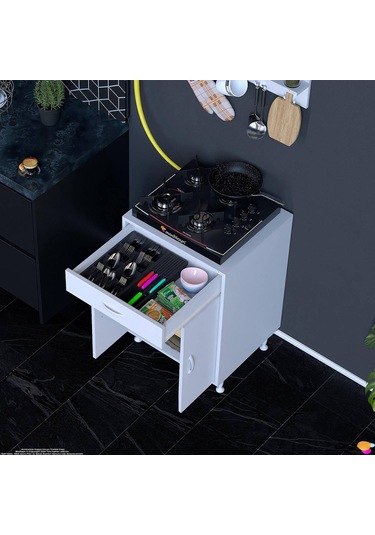 Modilayn Qplas M Set Ocak Altı Dolap 65x88x48 Cm. Çekmeceli, Kapaklı, Raflı Ve Baharat Raflı Beyaz