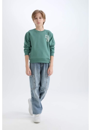 DeFacto Erkek Çocuk Oversize Geniş Kalıp Bisiklet Yaka Sırt Baskılı Kalın Sweatshirt D1912A824WNGN757