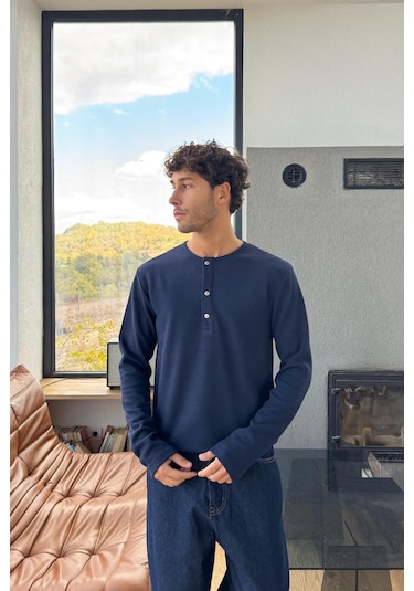 Çıt Çıtlı Oversize Uzun Kol Tişört Lacivert Lacivert