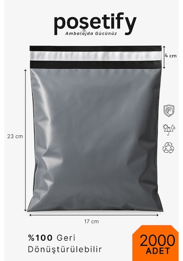 Cepsiz Kargo Poşeti 17x23x4 Cm 2000 Adet E-ticaret Poşeti Gri Yapışkan Bantlı Kargo Zarfı