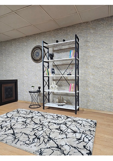 Siyah Boyalı Kitaplık - 5 Raflı Suntalem Lüks Kitaplık Beyaz Merm Çok Renkli