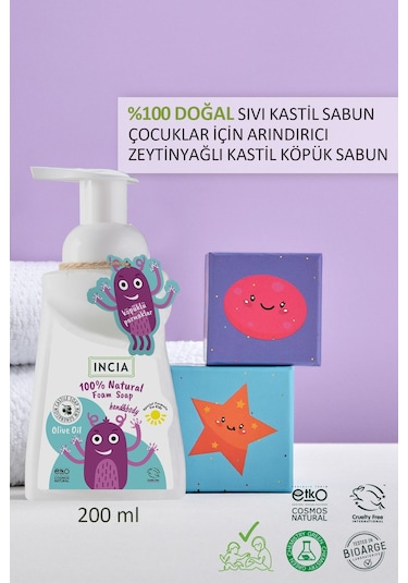 INCIA %100 Doğal Köpük Kastil Sabunu Çocuklar İçin Zeytinyağlı 10 Bitkisel Değerli Yağ 200 ml X2 Adet