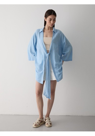 Mavi Flam Keten Kimono Gömlek Mavi