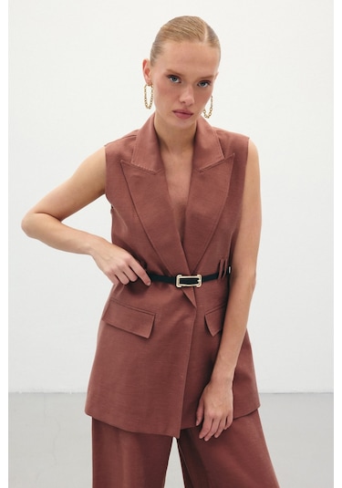 Sateen Kemerli Keten Yelek - Kahve-136331 Kahve