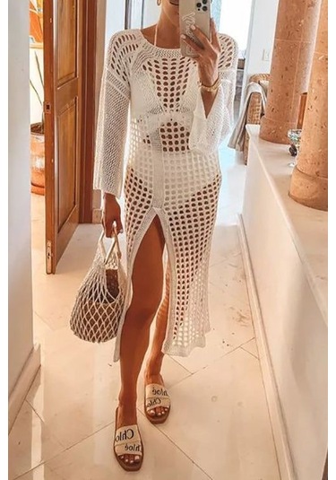 Kadın Yarasa Kol Triko Maxi Boy Pareo Beyaz