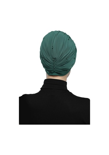 Kopma Astarlı İşlemeli Yeşil Sarı Dantel Motifli Hazır Türban Tesettür Abiye Bone Yeşil - Sarı