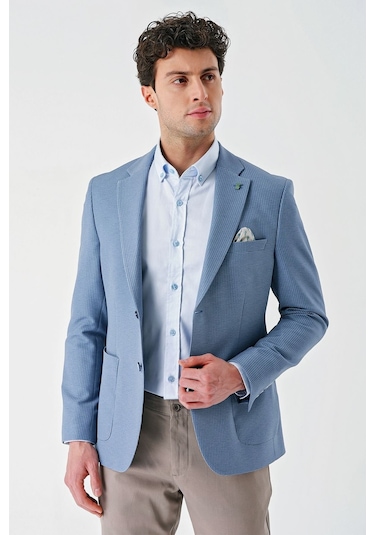Örme Mono Yaka Çift Yırtmaç Likralı 6 Drop Slim Fit Dar Kesim Klasik Ceket 1002240138 - Açık Mavi