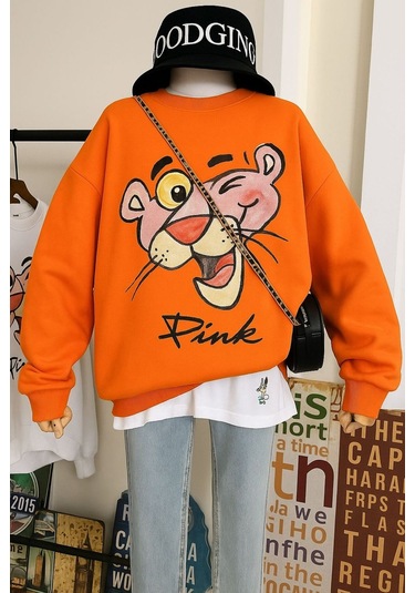Benroma 3 İplik Penye Pink Baskılı Unisex Sweatshırt Turuncu