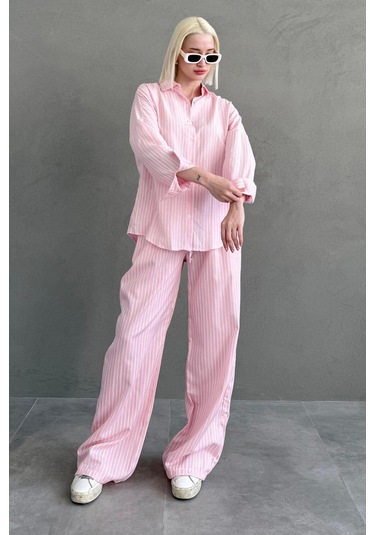 Madmext Pembe Çizgili Gömlek Pantolon Kadın Takım Mg2457 Pembe