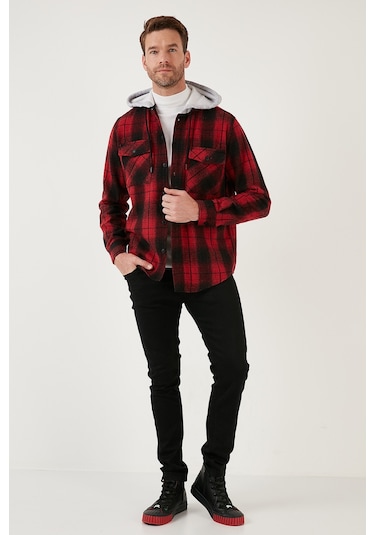 Buratti Ekoseli Çift Cepli Kapüşonlu Oduncu Erkek Gömlek Cf22W2650 Kırmızı-Siyah