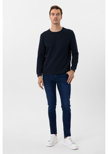 Lacivert Slim Fit Armürlü Bisiklet Yaka Triko Kazak-36350 Lacivert