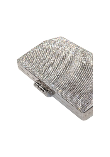 Taşlı Clutch Abiye Çanta Gümüş