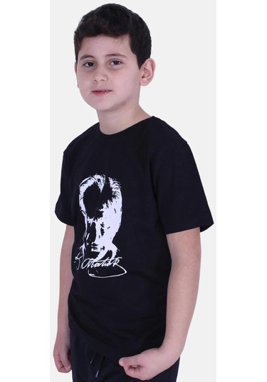 Atatürk Baskılı İmzalı Siyah Unisex Çocuk T-shırt-siyah Siyah