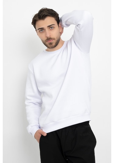 Dasüniforma Basic Baskısız 3 İplik Unisex Cepsiz Düz Sweatshirt Yuvarlak Yaka Sweat Beyaz
