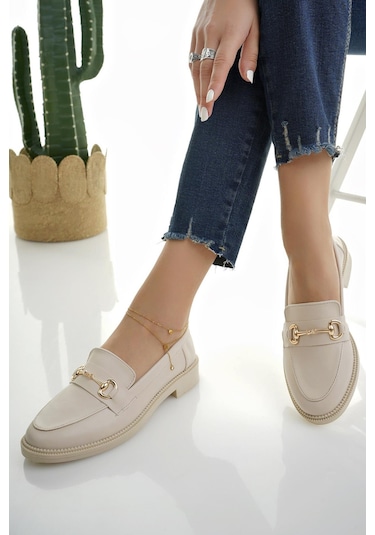 Muggo Sussie Garantili Metal Tokalı Kadın Loafer Günlük Ayakkabı Ten Cilt