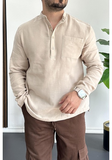 Erkek Hakim Yaka Yarım Patlı Cepli Gömlek Bej Edw361 Bej