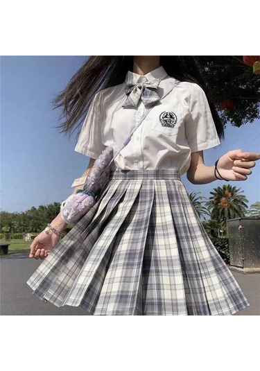 3 Adet Kadın Anime Okul Üniforması Seti Yaz Jk Kısa Gömlek Ceket Etekler Takım Elbise Gri