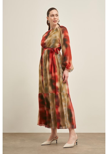 Ftz İpek Şifon Elbise Nar 31028 Nar