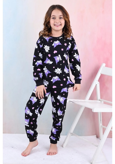 Zuzunga Kuromi Desenli Kız Çocuk Pijama Takımı Pembe 3-8 Yaş Siyah