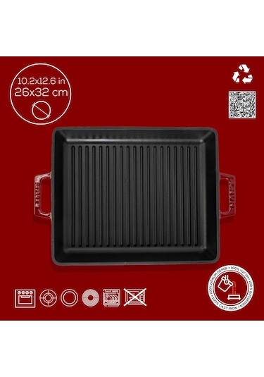 Lava Döküm Dikdörtgen Izgara Tavası Döküm Demir Yekpare Çift Kulplu Ölçü 26x32cm.-bordo Bordo