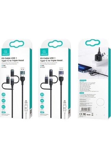 Flybuy Usams Us-sj547 U62 Usb-c + Type-c / Usb + 8 Pin + Mikro Alüminyum Alaşımlı Pd Hızlı Şarj Kablosu, 1,2 M Uzunluk