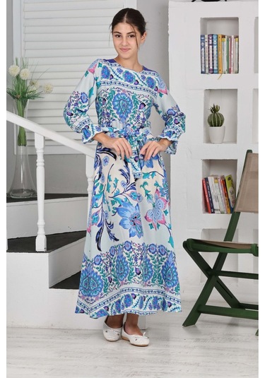 Kız Çocuk Viskon Kumaş Desenli Uzun Elbise Saks Mavi