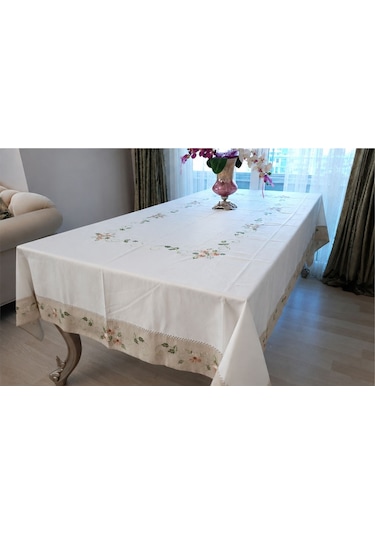 Keten Nakışlı Ajürlü Masa Örtüsü 170x275cm Çok Rekli