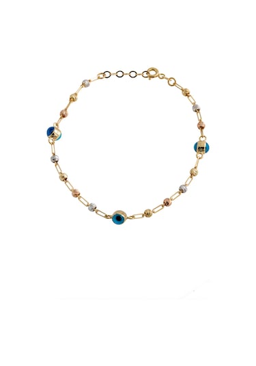 14 Ayar Altın Üç Renk Toplu Nazar Boncuk Tasarım Ataç Zincirli Sarı Altın