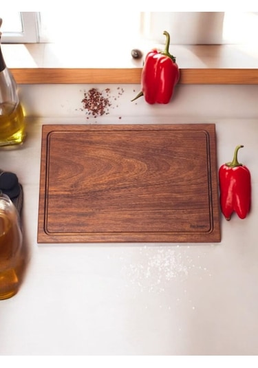 Eksiz Masif Doğal Oluklu Ahşap Kesme Sunum Doğrama Tahtası