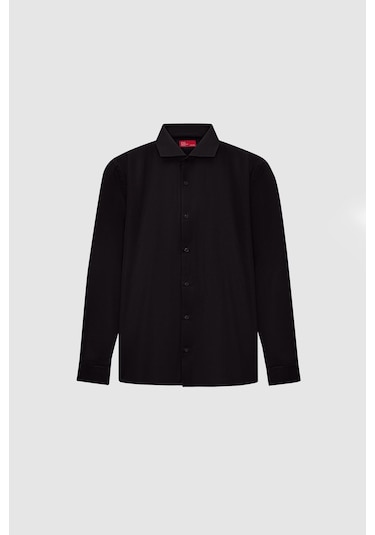 D'S Damat Slim Fit İtalyan Yaka Armürlü Uzun Kollu Kolay Ütülenebilir Nefes Alan Dört Mevsim Erkek Gömlek 2HF02ORT3185 Siyah