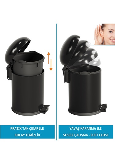 Aqua Bagno Smile Klozet Fırçası + Çöp Kovası 5 Lt -2 Parça Set, Mat Siyah