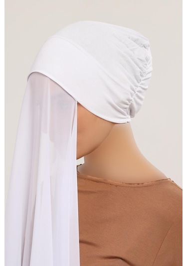 Hazır Pratik Lüks Geçmeli Lastikli Boneli Şifon Şal Beyaz