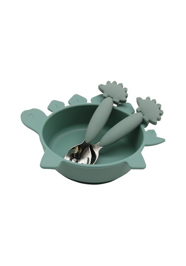 Jianfan Karikatür Mama Kasesi Seti Bebek Silikon Kaşık Çatal Paslanmaz Çelik Yeşil Yeşil